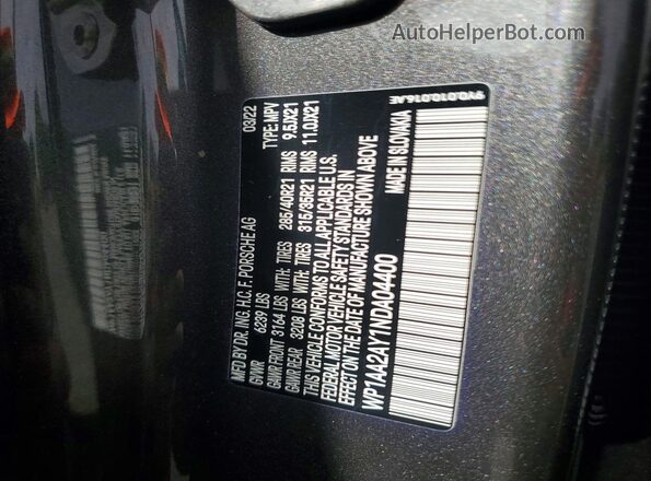 WP1AA2AY1NDA04400 2022 PORSCHE CAYENNE Gray VIN կոդի պիտակի տեսք