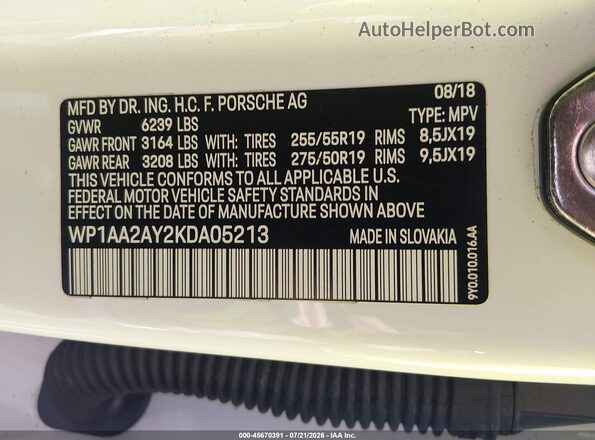 WP1AA2AY2KDA05213 2019 PORSCHE CAYENNE White Widok komory silnika