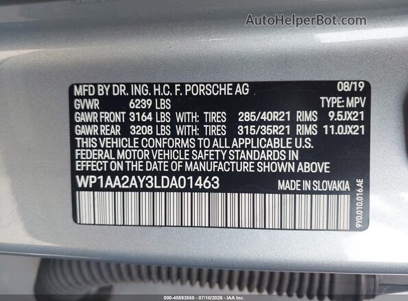 WP1AA2AY3LDA01463 2020 PORSCHE CAYENNE Серебряный Вид подкапотного пространства