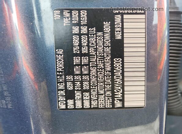 WP1AA2AY6KDA06803 2019 PORSCHE CAYENNE Blue Widok naklejki z numerem VIN
