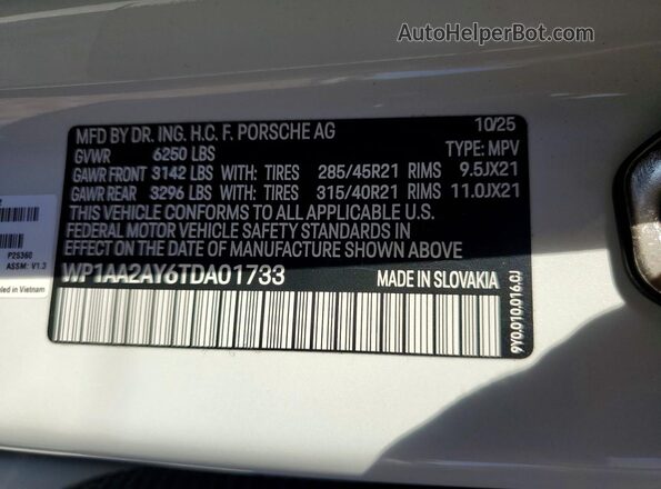 WP1AA2AY6TDA01733 2026 PORSCHE CAYENNE White Вид наклейки з VIN-кодом