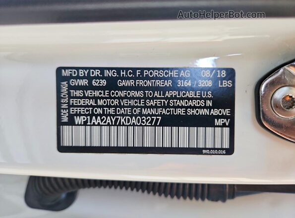 WP1AA2AY7KDA03277 2019 PORSCHE CAYENNE Белый Вид наклейки с VIN-кодом