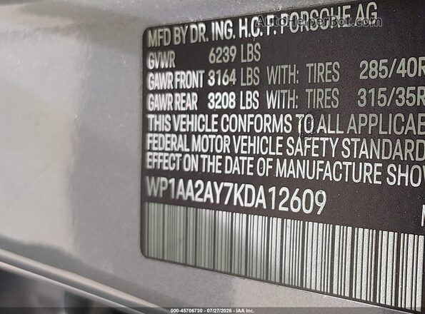 WP1AA2AY7KDA12609 2019 PORSCHE CAYENNE Silver Շարժիչի բաժամունքի տեսք