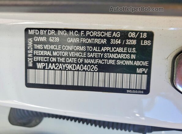 WP1AA2AY9KDA04026 2019 PORSCHE CAYENNE White Вид наклейки з VIN-кодом