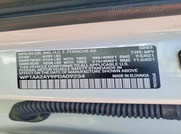 WP1AA2AY9PDA09234 2023 PORSCHE CAYENNE White Вид наклейки з VIN-кодом
