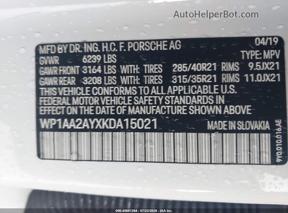 WP1AA2AYXKDA15021 2019 PORSCHE CAYENNE White Շարժիչի բաժամունքի տեսք