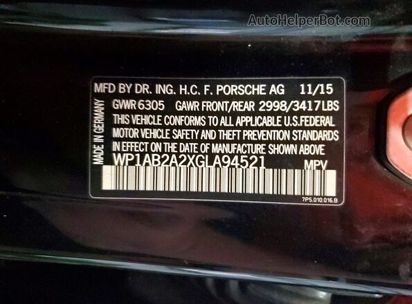 WP1AB2A2XGLA94521 2016 PORSCHE CAYENNE Black VIN կոդի պիտակի տեսք
