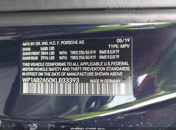 WP1AB2A50KLB33393 2019 PORSCHE MACAN Blue Widok komory silnika