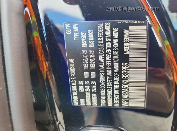 WP1AB2A50KLB33989 2019 PORSCHE MACAN Black Вид наклейки з VIN-кодом