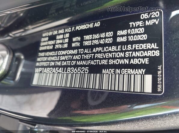 WP1AB2A54LLB36525 2020 PORSCHE MACAN Black ძრავის განყოფილების ხედი