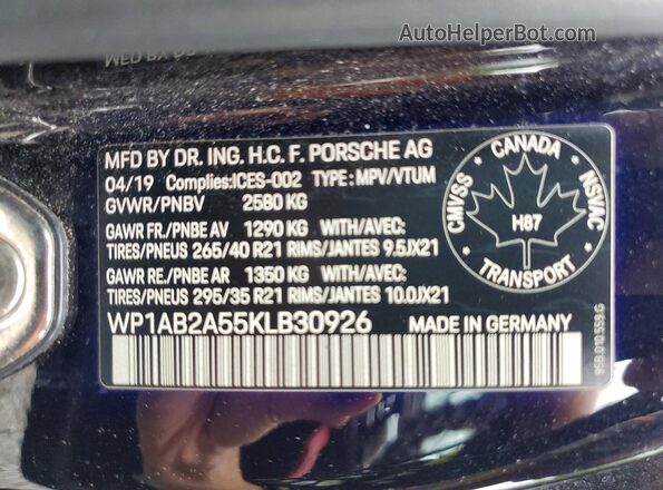 WP1AB2A55KLB30926 2019 PORSCHE MACAN Black Widok naklejki z numerem VIN
