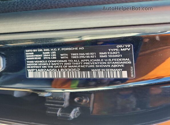 WP1AB2A55LLB33052 2020 PORSCHE MACAN Black Widok naklejki z numerem VIN
