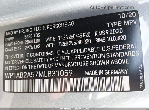 WP1AB2A57MLB31059 2021 PORSCHE MACAN Серебряный Вид подкапотного пространства