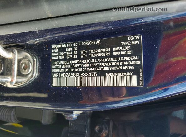 WP1AB2A58KLB32475 2019 PORSCHE MACAN Blue Vista interior de 360 grados