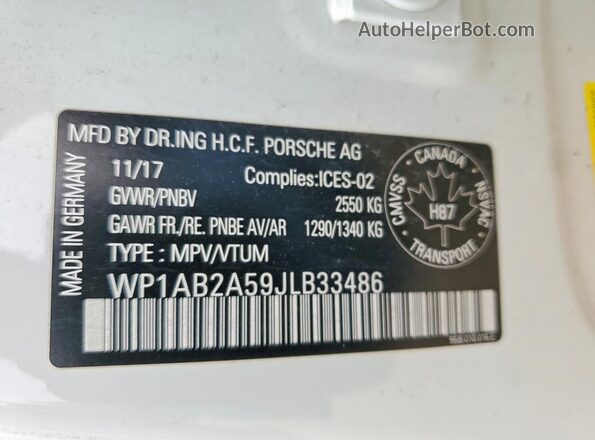WP1AB2A59JLB33486 2018 PORSCHE MACAN White Widok naklejki z numerem VIN