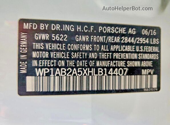 WP1AB2A5XHLB14407 2017 PORSCHE MACAN White VIN կոդի պիտակի տեսք