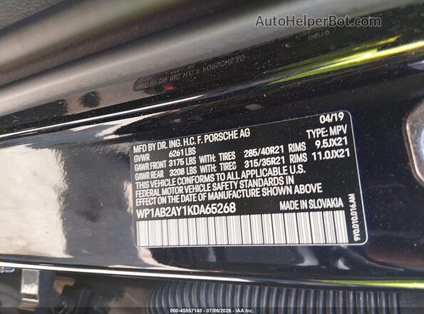 WP1AB2AY1KDA65268 2019 PORSCHE CAYENNE Black Vista del compartimento del motor