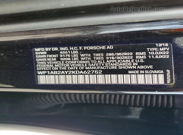 WP1AB2AY2KDA62752 2019 PORSCHE CAYENNE Black VIN կոդի պիտակի տեսք