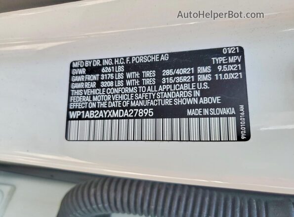 WP1AB2AYXMDA27895 2021 PORSCHE CAYENNE White Widok naklejki z numerem VIN