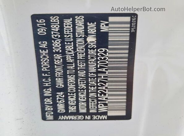 WP1AE2A27HLA70329 2017 PORSCHE CAYENNE White VIN კოდის სტიკერის ხედი