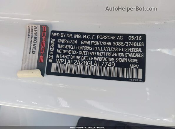 WP1AE2A28GLA17749 2016 PORSCHE CAYENNE Белый Вид подкапотного пространства
