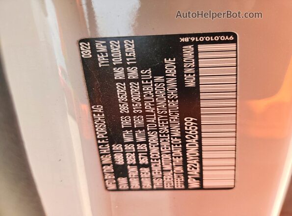 WP1AE2AY0NDA26599 2022 PORSCHE CAYENNE White Widok naklejki z numerem VIN