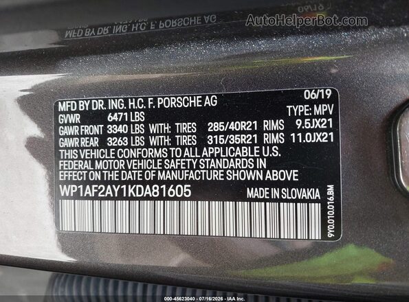 WP1AF2AY1KDA81605 2019 PORSCHE CAYENNE Gray ძრავის განყოფილების ხედი