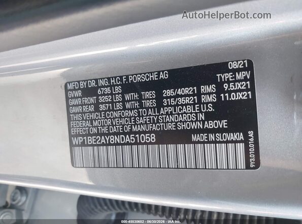 WP1BE2AY8NDA51058 2022 PORSCHE CAYENNE Gray Engine compartment view