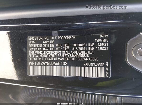 WP1BF2AY8LDA65102 2020 PORSCHE CAYENNE Black Շարժիչի բաժամունքի տեսք