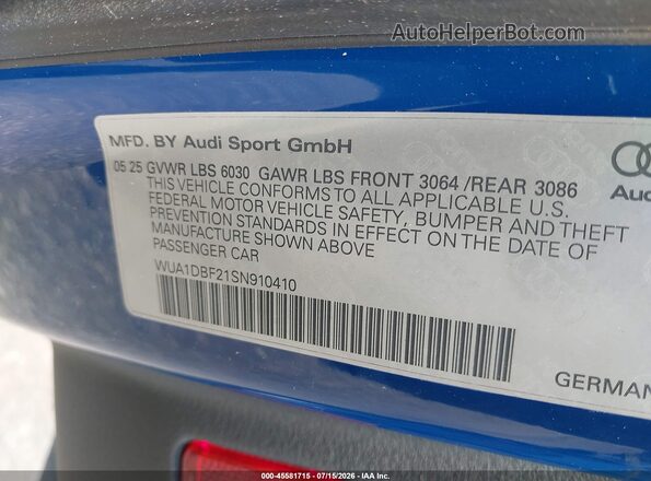 WUA1DBF21SN910410 2025 AUDI RS 6 AVANT PERFORMANCE Blue Engine compartment view