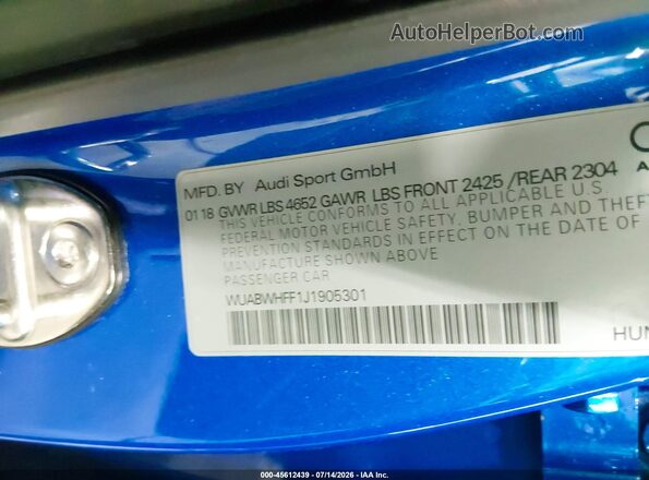 WUABWHFF1J1905301 2018 AUDI RS3 Blue Vista del compartimento del motor