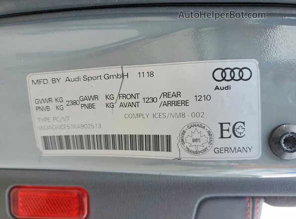 WUACWCF51KA902513 2019 AUDI RS5 Серый Вид наклейки с VIN-кодом