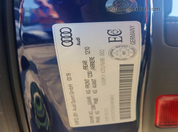 WUACWCF55KA903843 2019 AUDI RS5 Blue Vista de la etiqueta del VIN