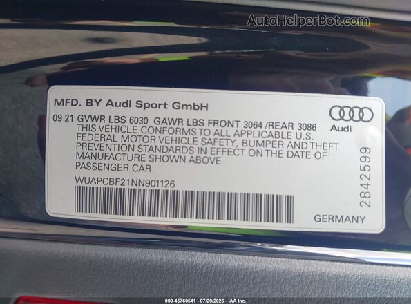 WUAPCBF21NN901126 2022 AUDI RS7 Black Շարժիչի բաժամունքի տեսք