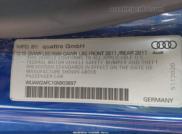 WUAW2AFC1GN903897 2016 AUDI RS7 Blue Vista del compartimento del motor