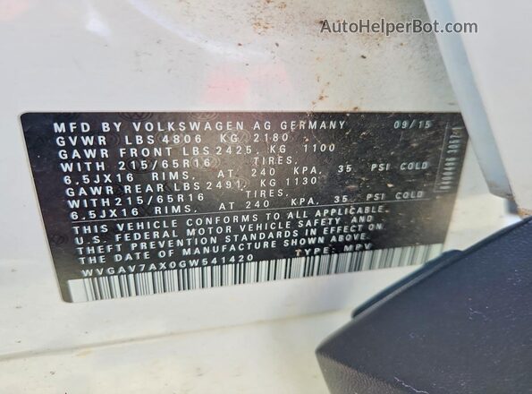 WVGAV7AX0GW541420 2016 VOLKSWAGEN TIGUAN White Vista de la etiqueta del VIN