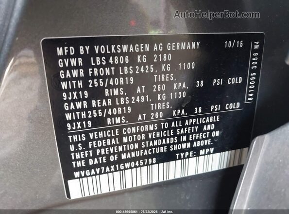 WVGAV7AX1GW045798 2016 VOLKSWAGEN TIGUAN Gray Вид підкапотного простору