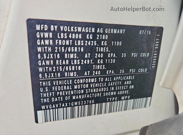WVGAV7AX1GW523766 2016 VOLKSWAGEN TIGUAN White Vista interior de 360 grados