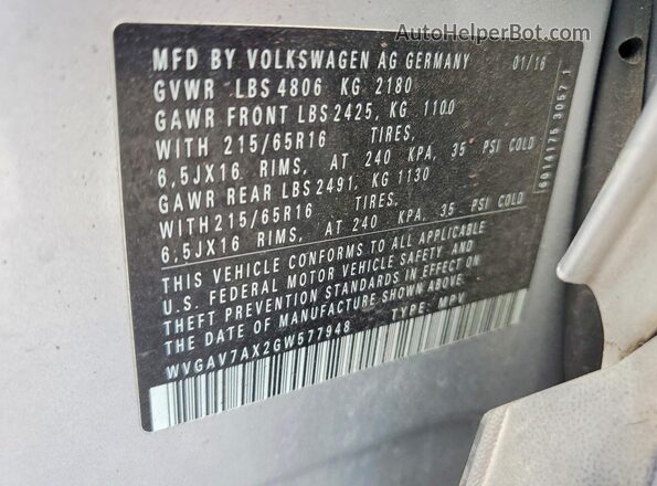 WVGAV7AX2GW577948 2016 VOLKSWAGEN TIGUAN Silver Widok naklejki z numerem VIN