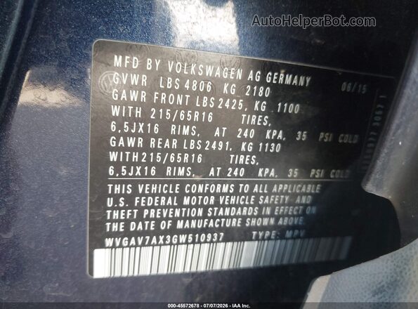 WVGAV7AX3GW510937 2016 VOLKSWAGEN TIGUAN Dark Blue Շարժիչի բաժամունքի տեսք