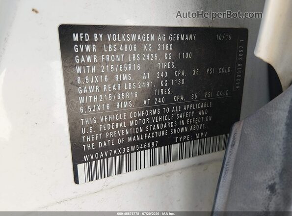 WVGAV7AX3GW546997 2016 VOLKSWAGEN TIGUAN White Vista del compartimento del motor