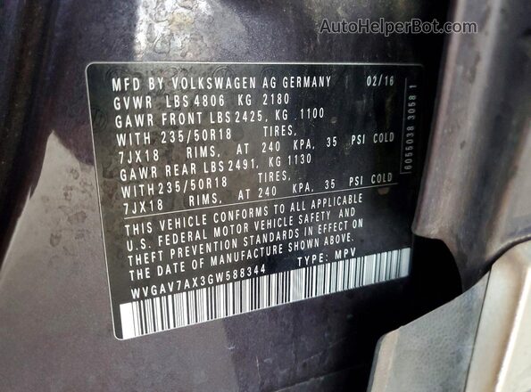 WVGAV7AX3GW588344 2016 VOLKSWAGEN TIGUAN Charcoal Vista de la etiqueta del VIN