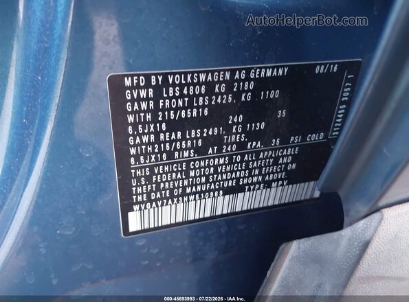 WVGAV7AX3HW510969 2017 VOLKSWAGEN TIGUAN Blue Widok komory silnika