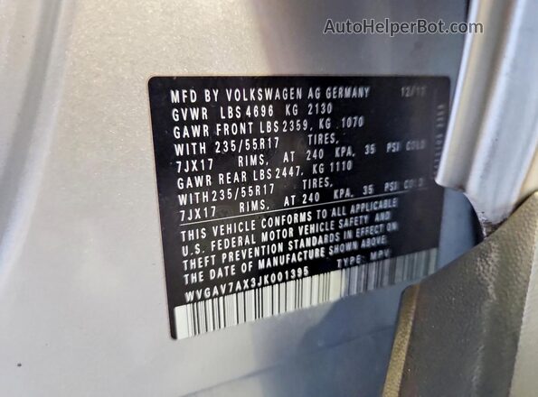 WVGAV7AX3JK001395 2018 VOLKSWAGEN TIGUAN Серебряный Вид наклейки с VIN-кодом
