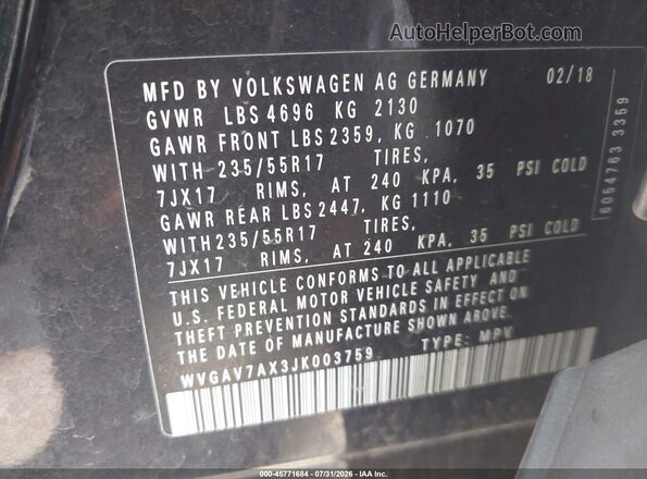 WVGAV7AX3JK003759 2018 VOLKSWAGEN TIGUAN Black Вид підкапотного простору