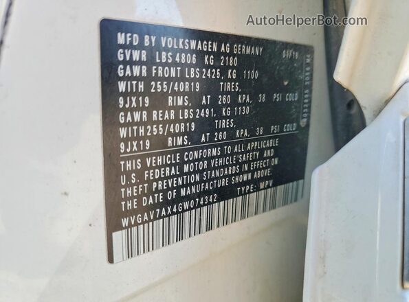 WVGAV7AX4GW074342 2016 VOLKSWAGEN TIGUAN White Engine compartment view