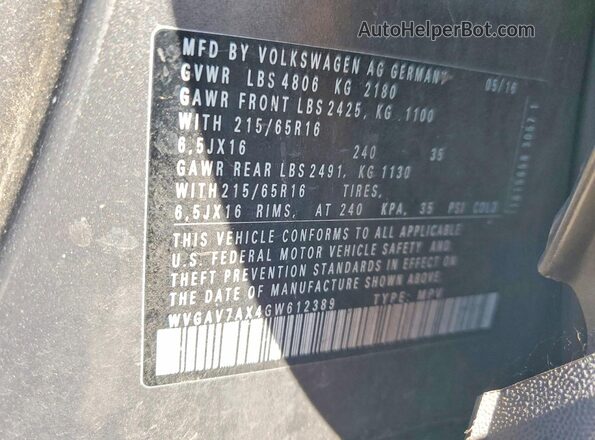 WVGAV7AX4GW612389 2016 VOLKSWAGEN TIGUAN Серый Вид наклейки с VIN-кодом