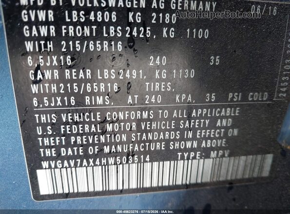 WVGAV7AX4HW503514 2017 VOLKSWAGEN TIGUAN Синий Вид подкапотного пространства