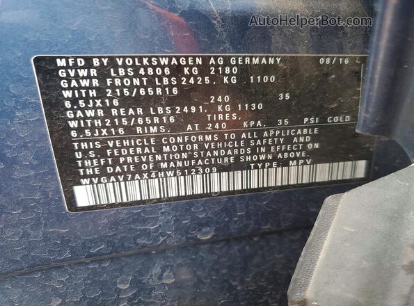 WVGAV7AX4HW512309 2017 VOLKSWAGEN TIGUAN Blue Vista de la etiqueta del VIN