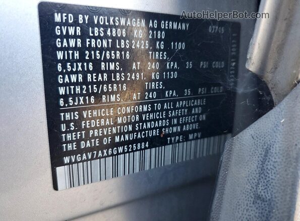 WVGAV7AX6GW525884 2016 VOLKSWAGEN TIGUAN Silver Вид підкапотного простору